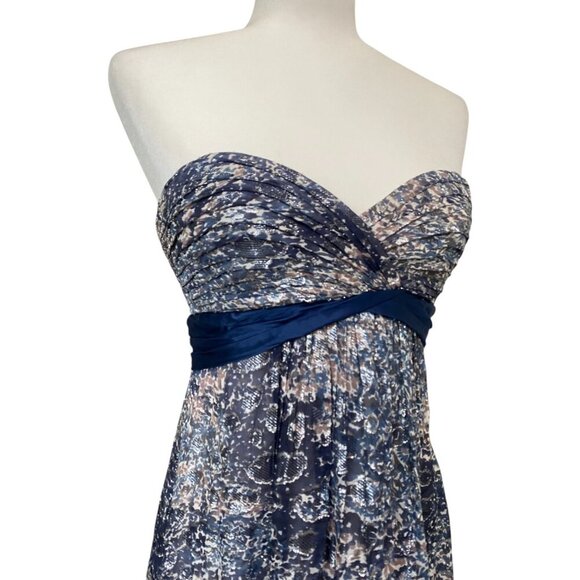 BcbgMaxazria Silk Abstract Floral Print Empire Maxi Long Dress Chiffon Gown Navy - Picture 7 of 11